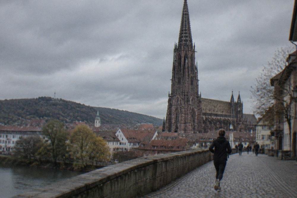 Freiburg Minster rising above red rooftops seen from a hill