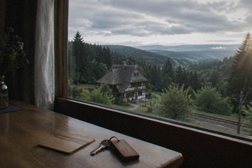 Wooden guest card and hotel room key on a desk beside a window with tram tracks and green hills outside