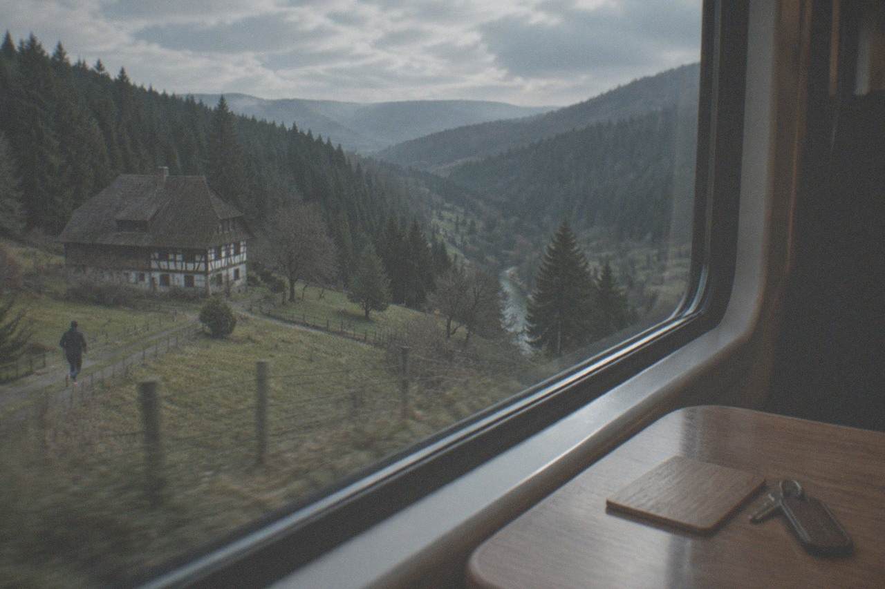 Wooden guest card and hotel key on a wooden desk beside a tram window with a Black Forest valley outside