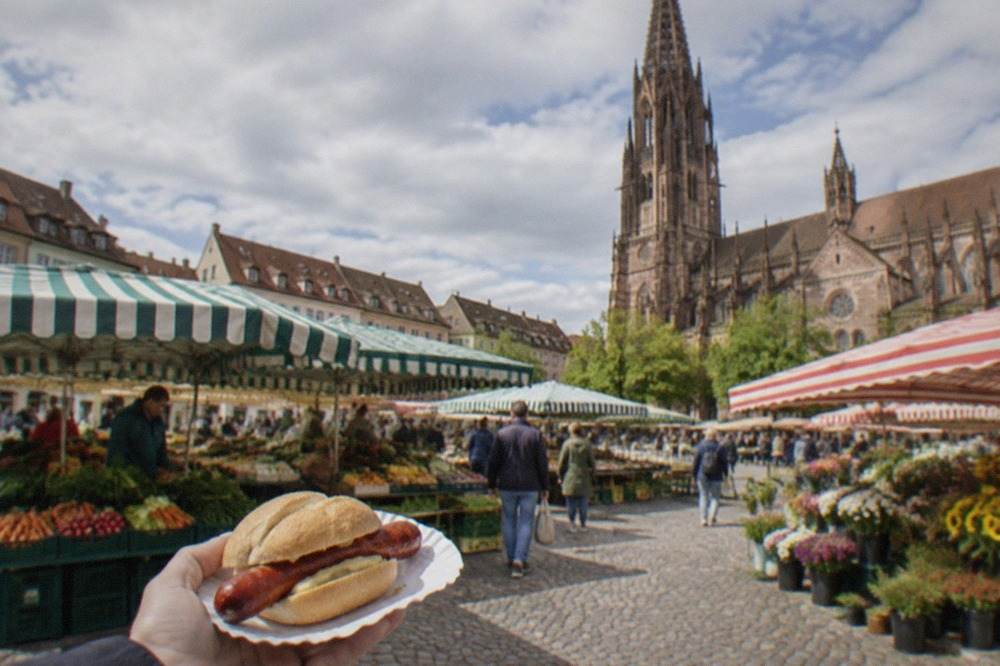 Münstermarkt stalls in front of Freiburg Cathedral with a red sausage in a bread roll on a paper plate.