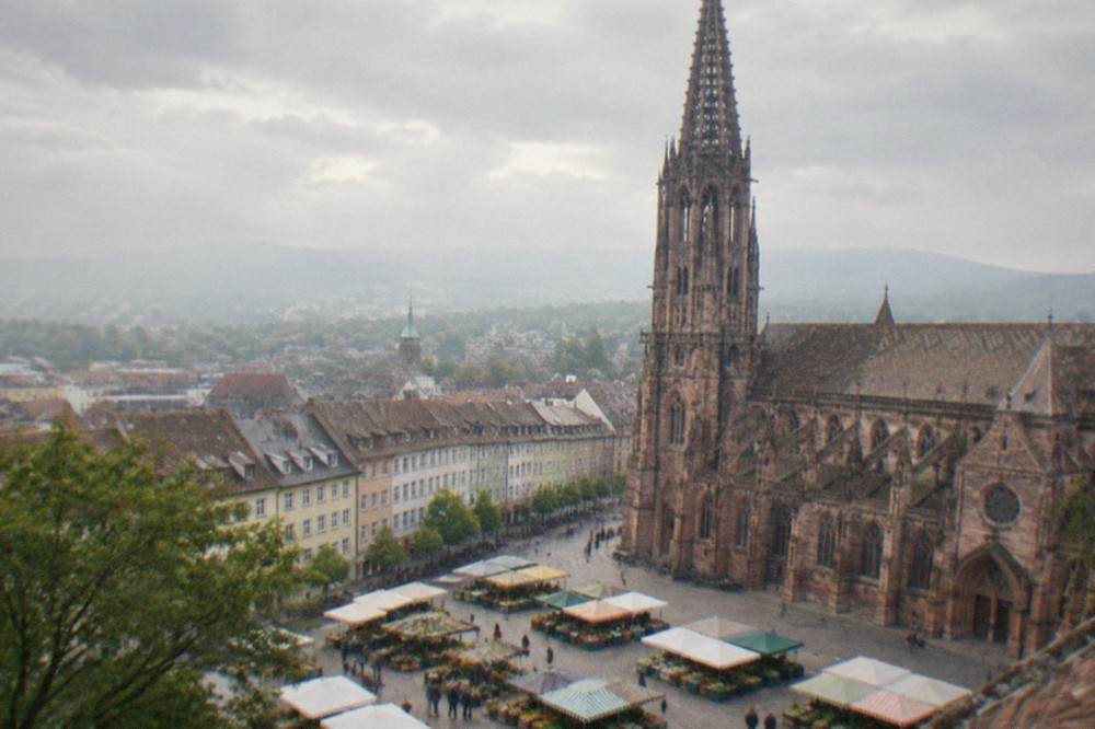 Market stalls with vegetables, bread and flowers on Münsterplatz in Freiburg