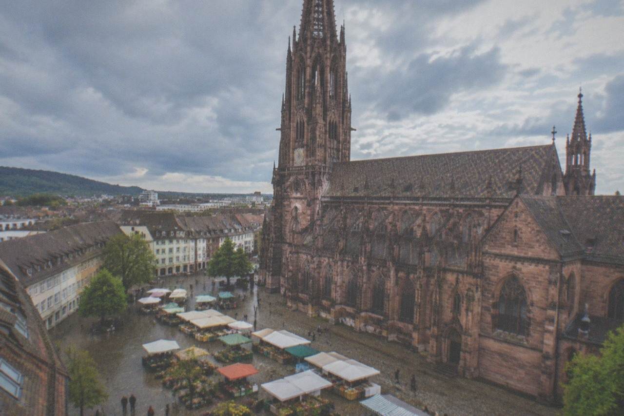 Market stalls with produce and flowers in front of the Freiburg Minster on a bright morning