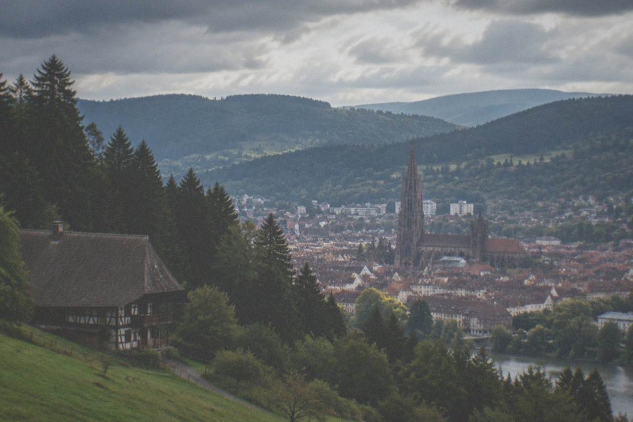 The Freiburg minster tower rising above red rooftops with green Black Forest hills in the background