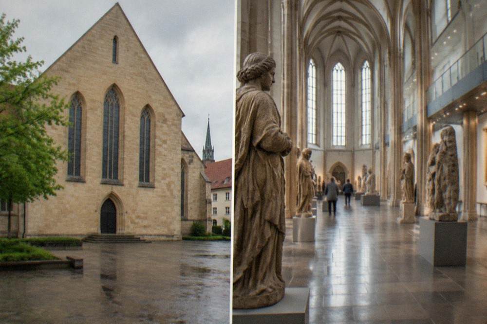 Interior of the Augustinermuseum with stone sculptures and a tall church nave gallery in soft museum lighting