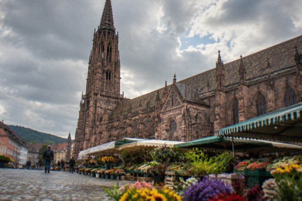 Market stalls with flowers and vegetables spread before the stone facade of Freiburg Münster