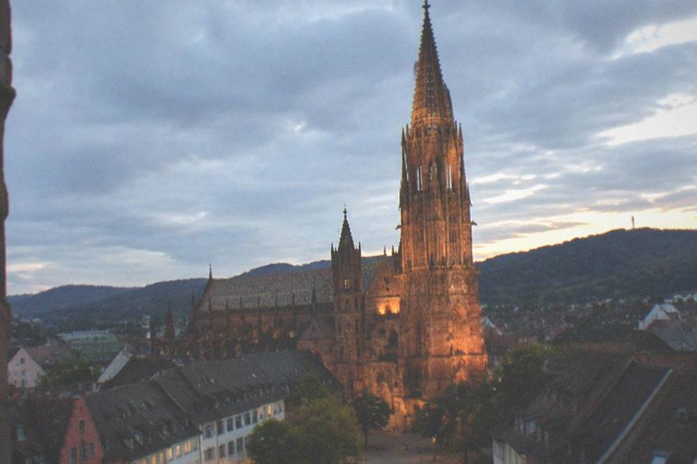 Twilight over Freiburg rooftops with the illuminated Münster tower and dark hills beyond