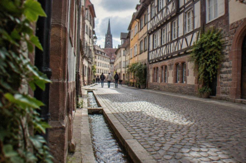 Cobbled old town lane in Freiburg with a small Bächle water gutter running along the curb